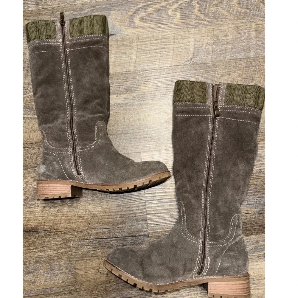 Bjorndal Autumn Suede Tall Boots Taupe Brown Cuff Faux Shearling Lined Size 7